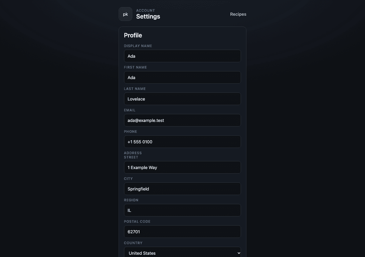 Settings page from the plainkit demo