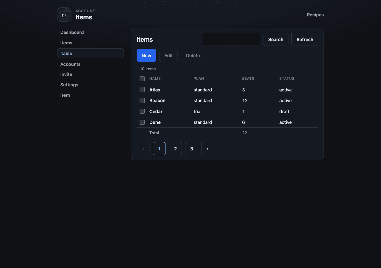Table page from the plainkit demo